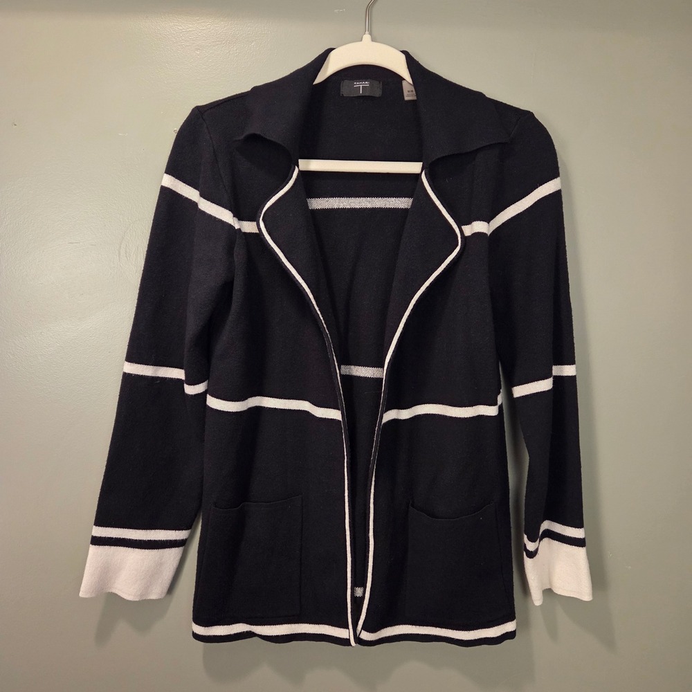 Tahari Women's Open Front Knit Sweater Blazer, Size M, Black & White